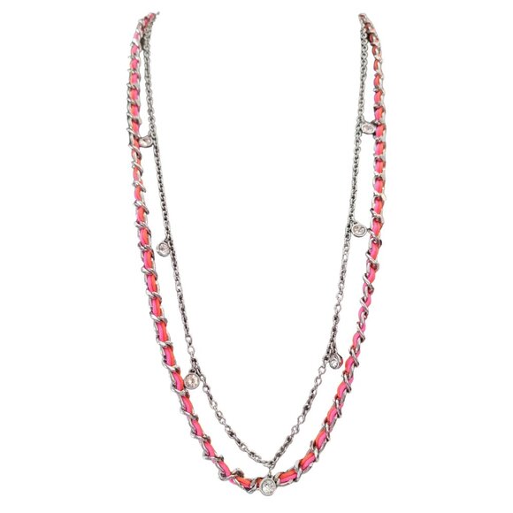 Ann Taylor Silver Tone Pink Orange Cord Crystal Stations Chain Necklace, E874 - Picture 4 of 8